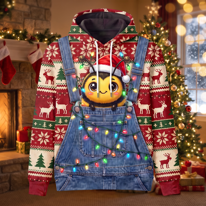 Cute Santa Bee Christmas Hoodie - Kawaii Bee Overalls Ugly Christmas Sweater Style