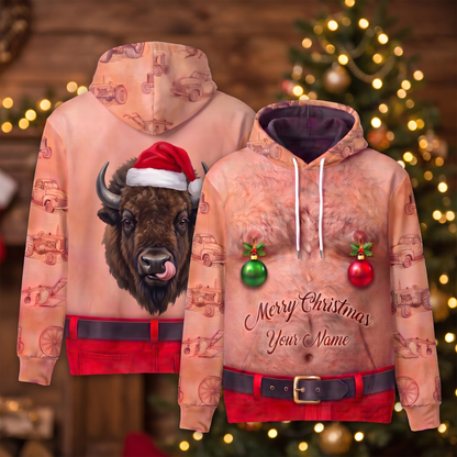 Funny Santa Bison Hairy Belly Hoodie - Custom Name Buffalo Christmas Hoodie