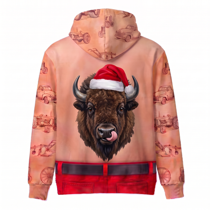 Funny Santa Bison Hairy Belly Hoodie - Custom Name Buffalo Christmas Hoodie