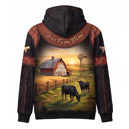 3D Print Black Angus Ranch Hoodie (Faux Leather Design) - Custom Name & Farm Name Western Style Hoodie