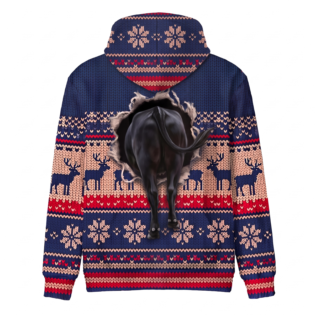 Black Angus Christmas Hoodie | Funny Santa Cow Faux-Knit Print Hoodie | Farm Animal Christmas Gift