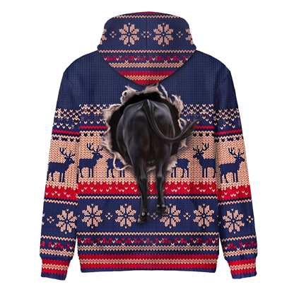 Black Angus Christmas Hoodie | Funny Santa Cow Faux-Knit Print Hoodie | Farm Animal Christmas Gift