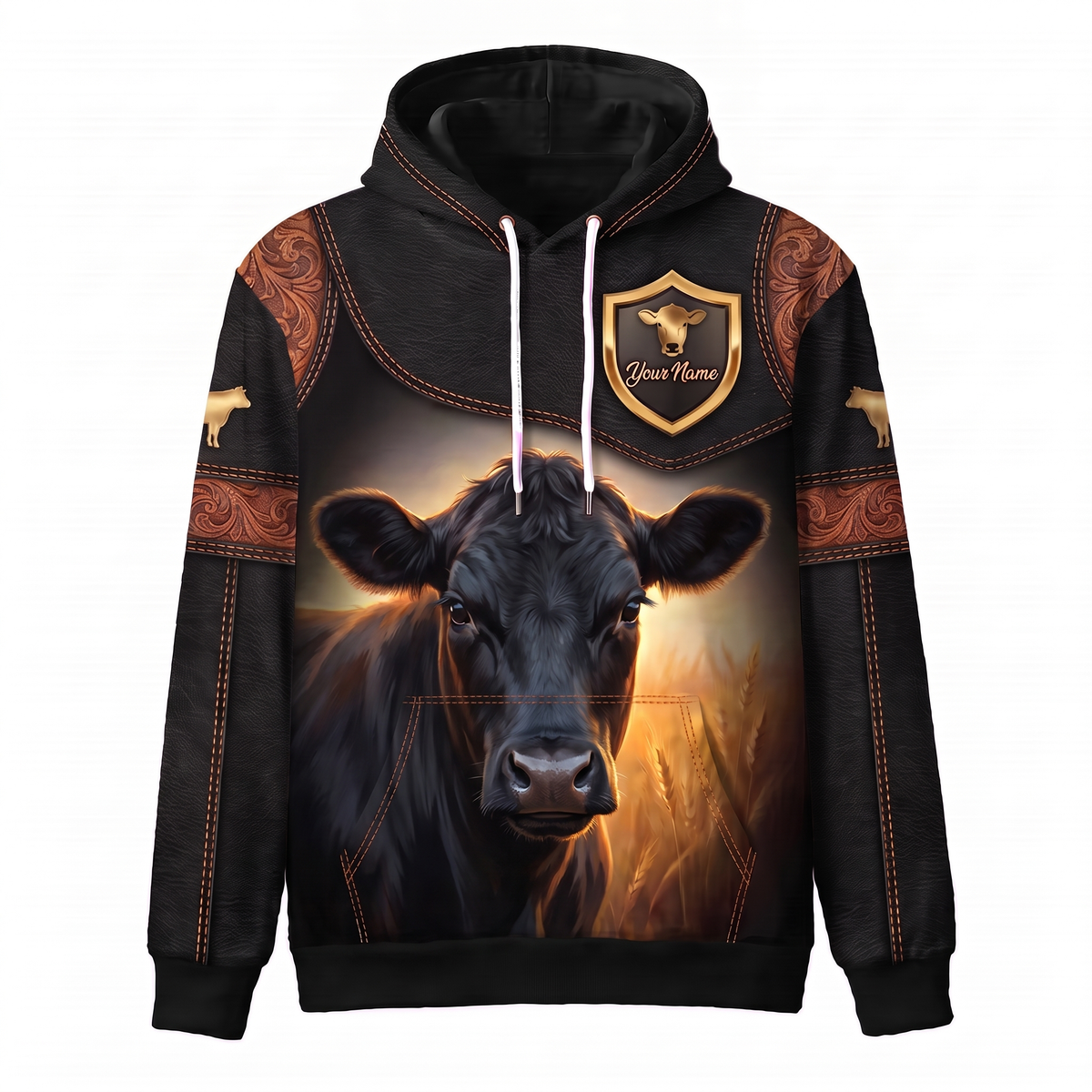 3D Print Black Angus Ranch Hoodie (Faux Leather Design) - Custom Name & Farm Name Western Style Hoodie