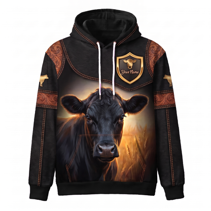 3D Print Black Angus Ranch Hoodie (Faux Leather Design) - Custom Name & Farm Name Western Style Hoodie