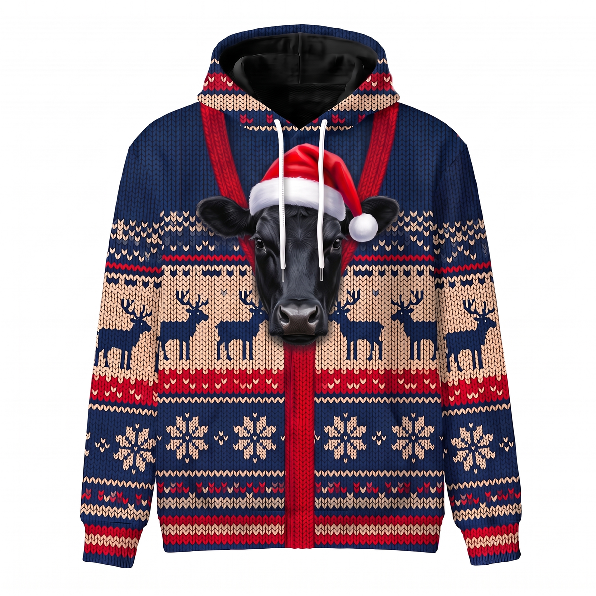 Black Angus Christmas Hoodie | Funny Santa Cow Faux-Knit Print Hoodie | Farm Animal Christmas Gift