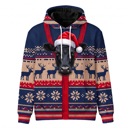 Black Angus Christmas Hoodie | Funny Santa Cow Faux-Knit Print Hoodie | Farm Animal Christmas Gift