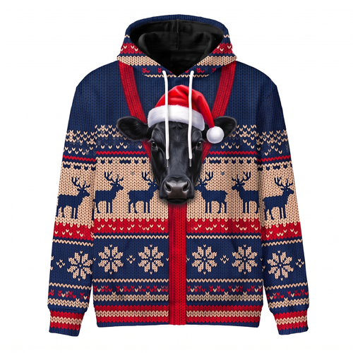 Black Angus Christmas Hoodie | Funny Santa Cow Faux-Knit Print Hoodie | Farm Animal Christmas Gift