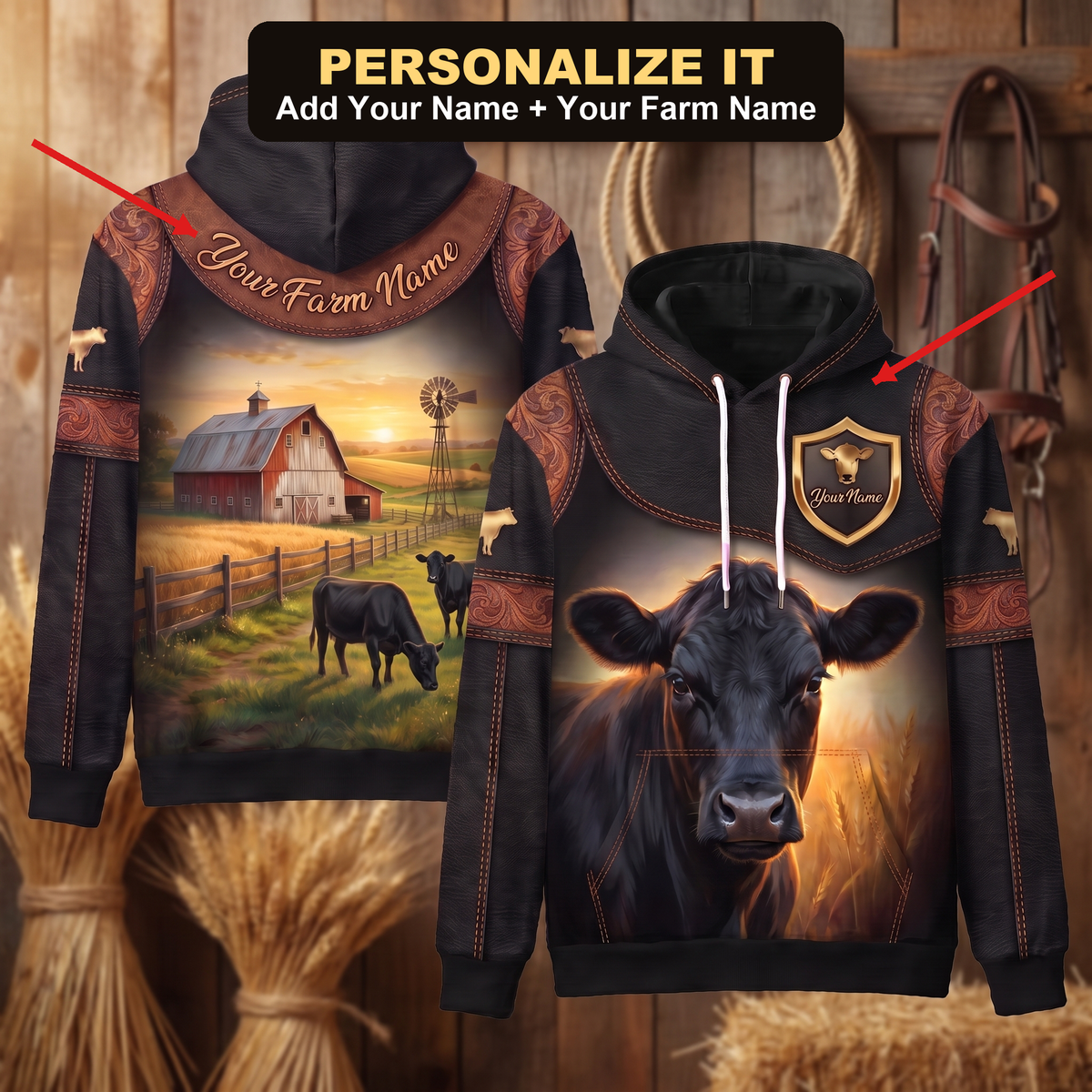 3D Print Black Angus Ranch Hoodie (Faux Leather Design) - Custom Name & Farm Name Western Style Hoodie