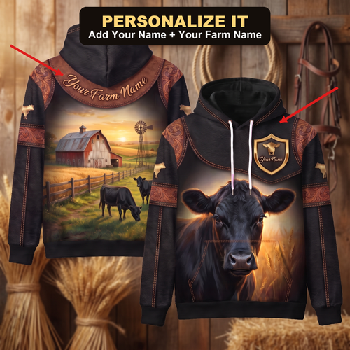 3D Print Black Angus Ranch Hoodie (Faux Leather Design) - Custom Name & Farm Name Western Style Hoodie