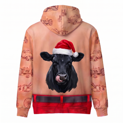 Funny Santa Black Angus Hairy Belly Hoodie - Custom Name Cow Christmas Hoodie