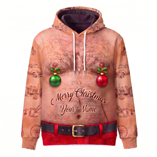 Funny Santa Black Angus Hairy Belly Hoodie - Custom Name Cow Christmas Hoodie