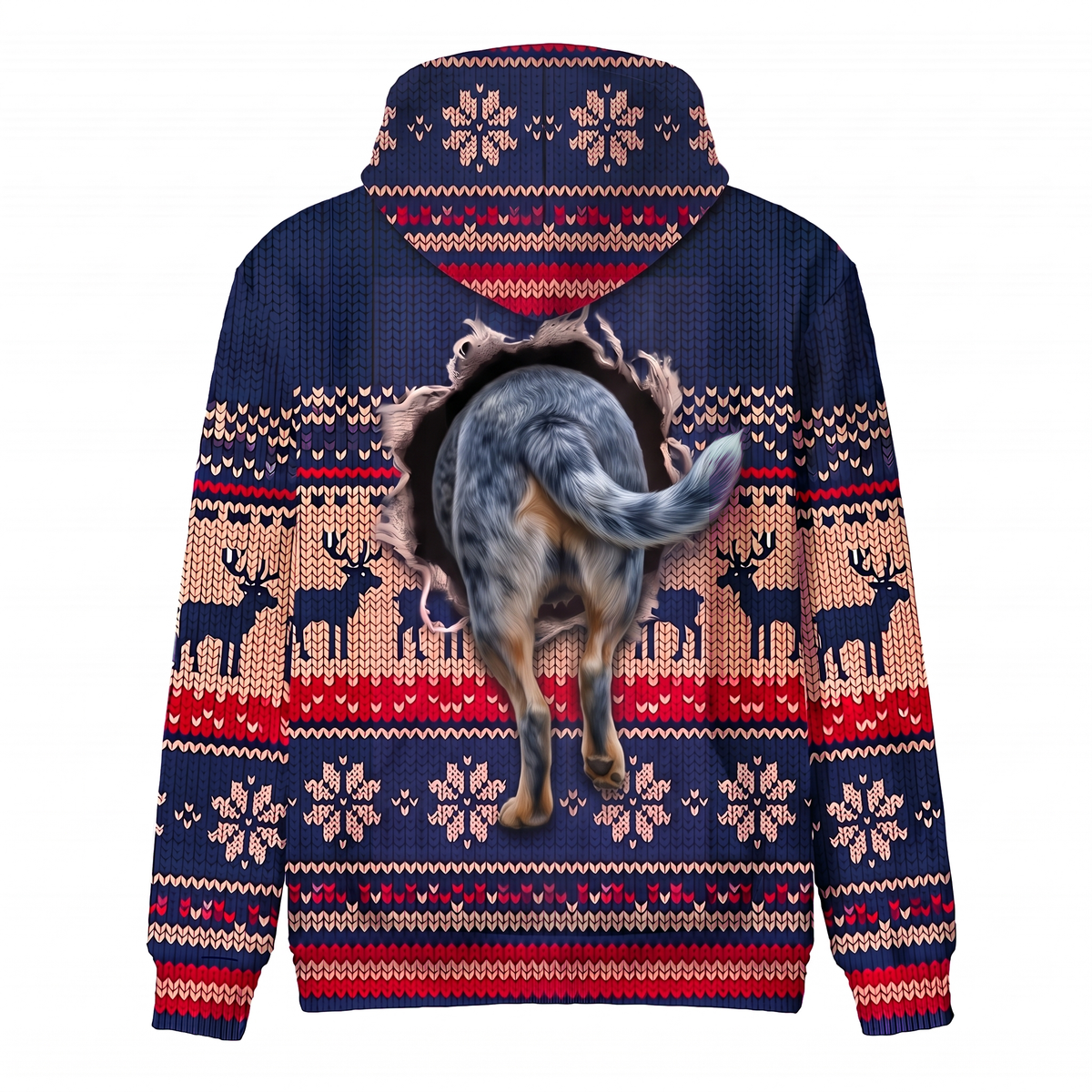 Blue Heeler Christmas Hoodie | Funny Santa Dog Faux-Knit Print Hoodie | Farm Dog Christmas Gift