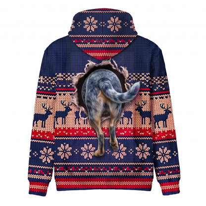 Blue Heeler Christmas Hoodie | Funny Santa Dog Faux-Knit Print Hoodie | Farm Dog Christmas Gift