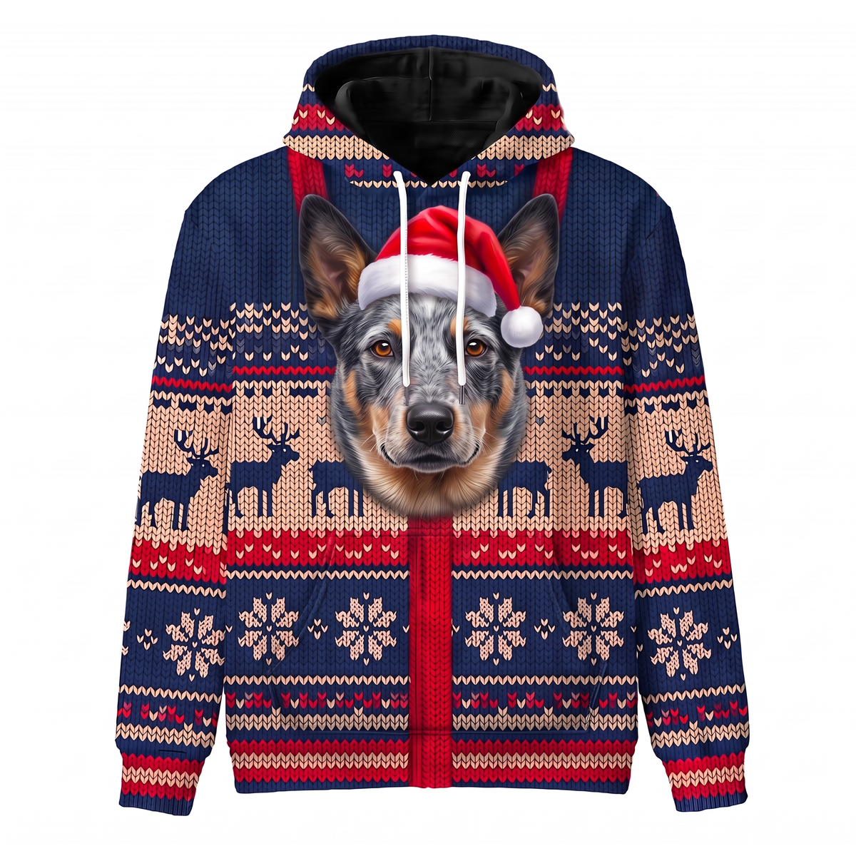 Blue Heeler Christmas Hoodie | Funny Santa Dog Faux-Knit Print Hoodie | Farm Dog Christmas Gift