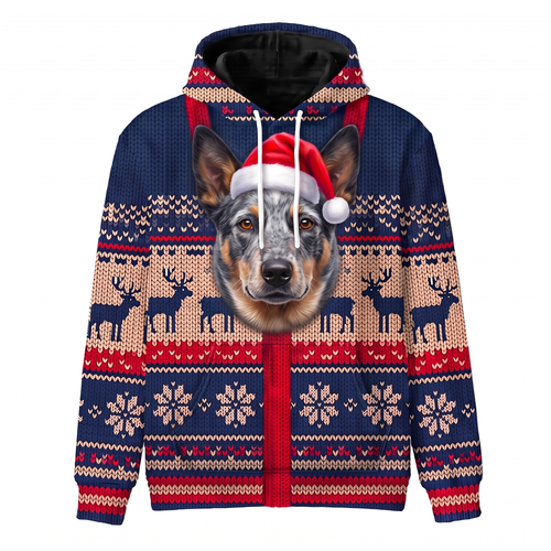 Blue Heeler Christmas Hoodie | Funny Santa Dog Faux-Knit Print Hoodie | Farm Dog Christmas Gift