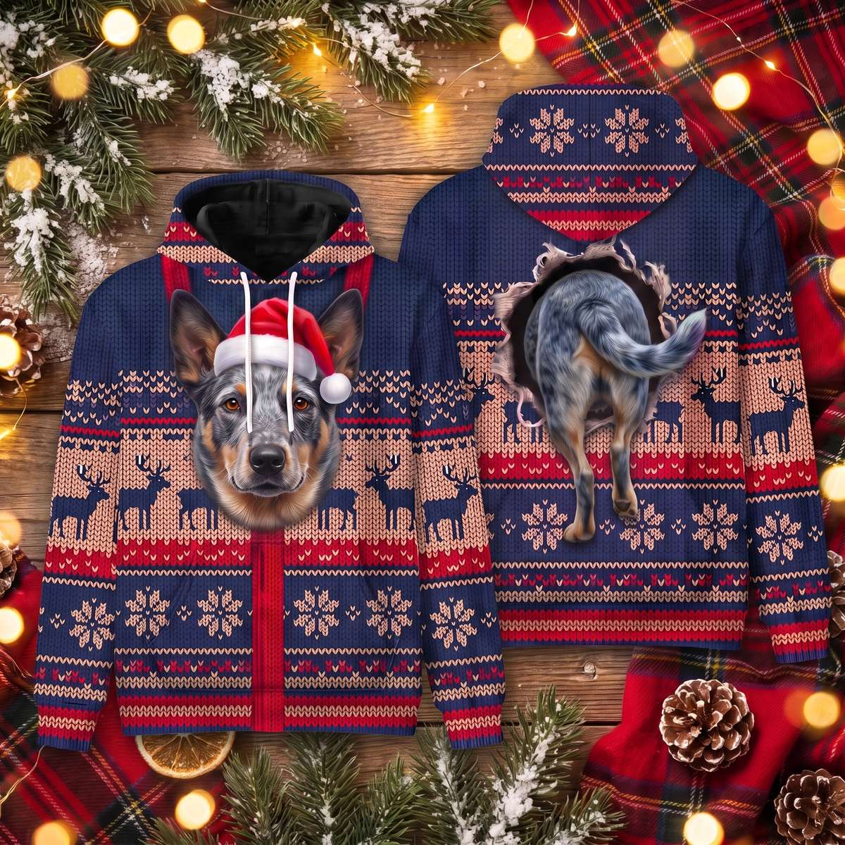 Blue Heeler Christmas Hoodie | Funny Santa Dog Faux-Knit Print Hoodie | Farm Dog Christmas Gift