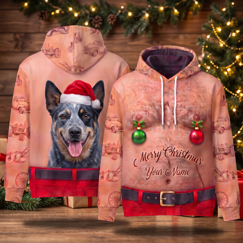 Funny Santa Blue Heeler Hairy Belly Hoodie - Custom Name Cattle Dog Christmas Hoodie