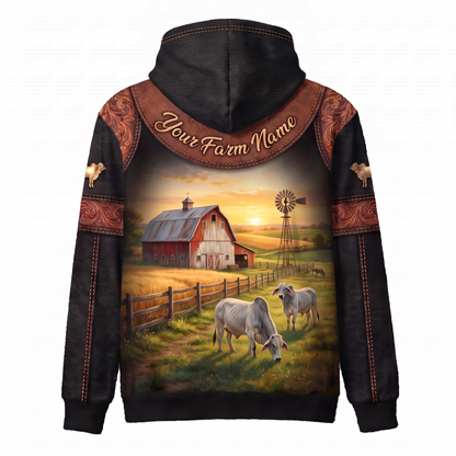 3D Print Brahman Cattle Ranch Hoodie (Faux Leather Design) - Custom Name & Farm Name Western Style Hoodie