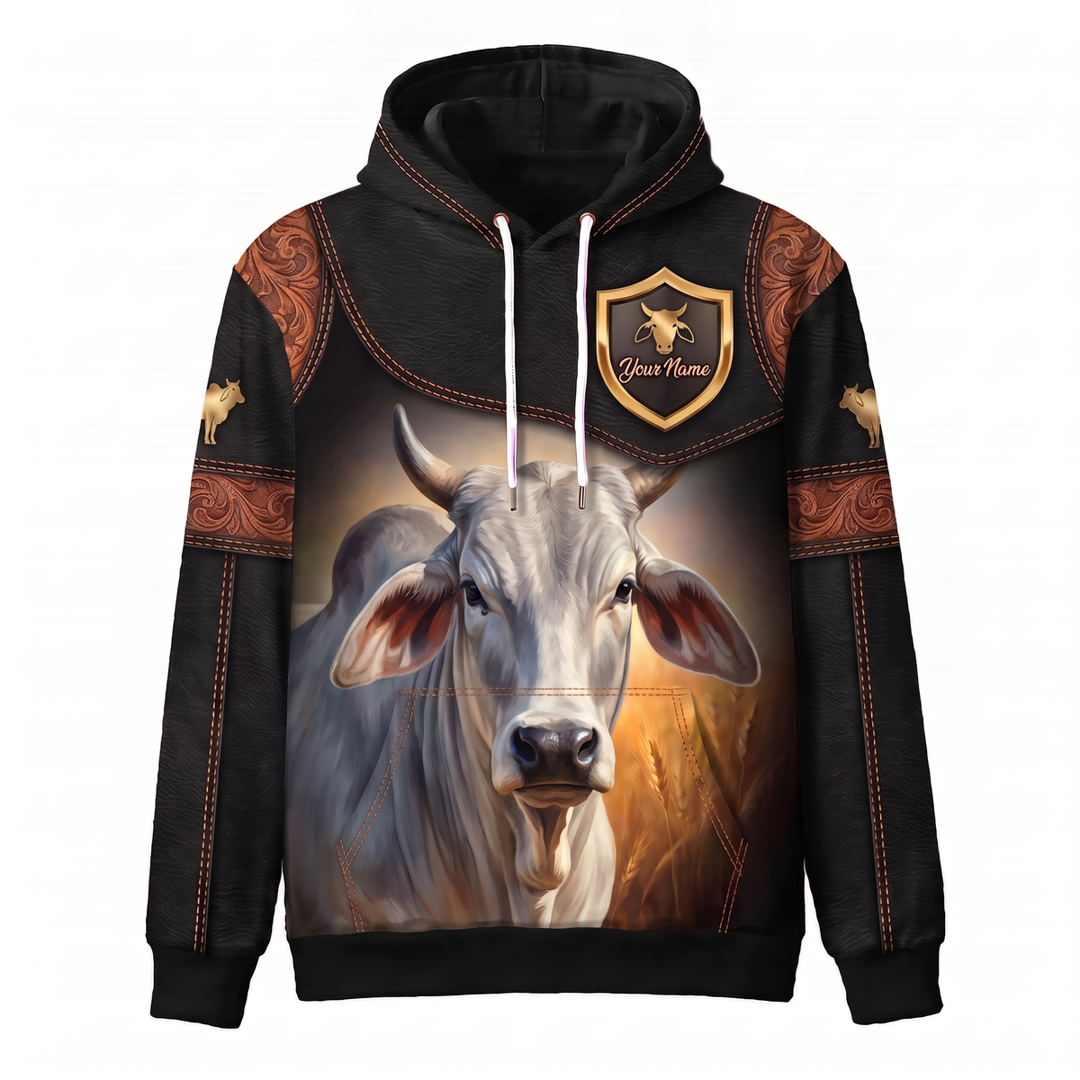 3D Print Brahman Cattle Ranch Hoodie (Faux Leather Design) - Custom Name & Farm Name Western Style Hoodie