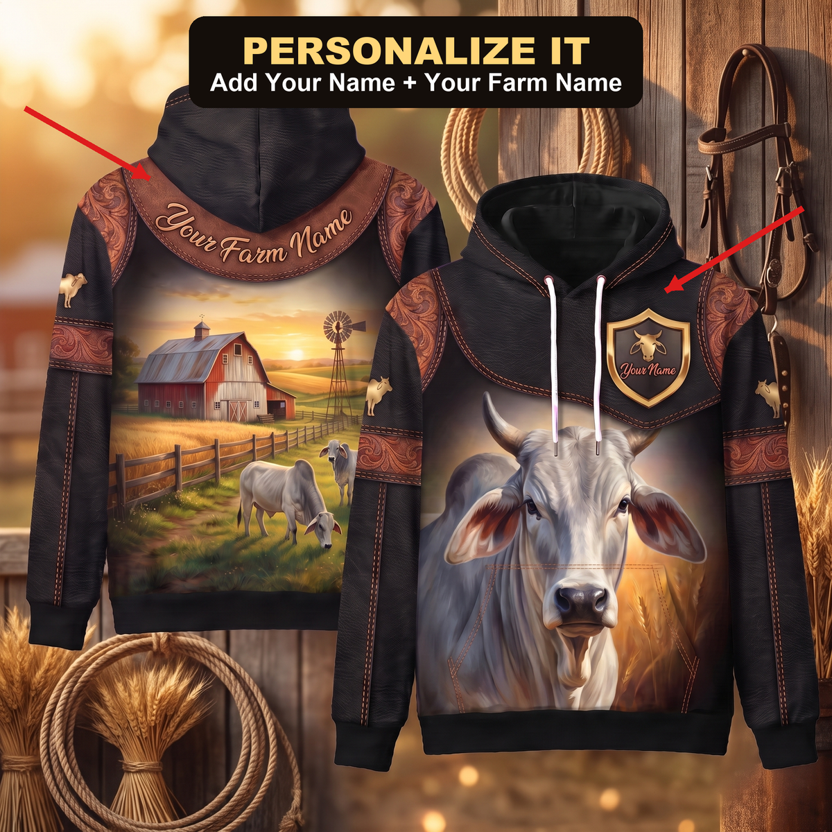 3D Print Brahman Cattle Ranch Hoodie (Faux Leather Design) - Custom Name & Farm Name Western Style Hoodie