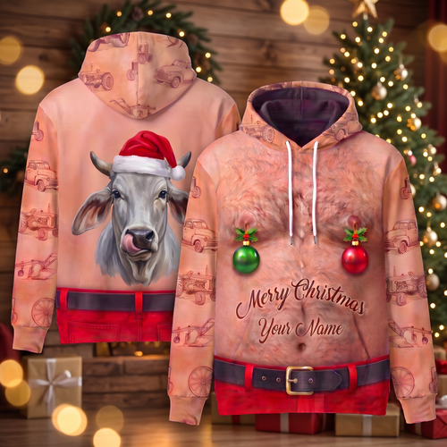Funny Santa Brahman Cattle Hairy Belly Hoodie - Custom Name Cow Christmas Hoodie