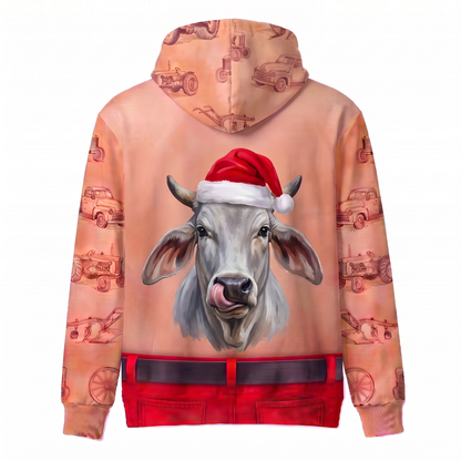 Funny Santa Brahman Cattle Hairy Belly Hoodie - Custom Name Cow Christmas Hoodie