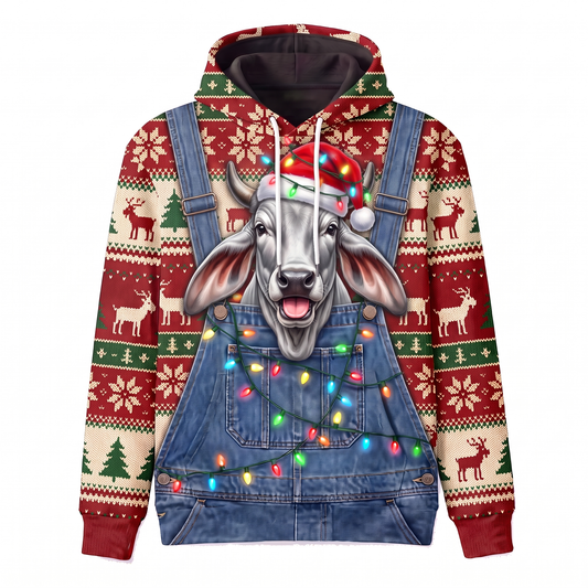 Funny Brahman Cattle Christmas Hoodie - Overalls Ugly Sweater Print