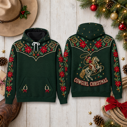 Cowgirl Christmas Hoodie – Western Poinsettia Yoke 3D Print, Gift for Cowgirls