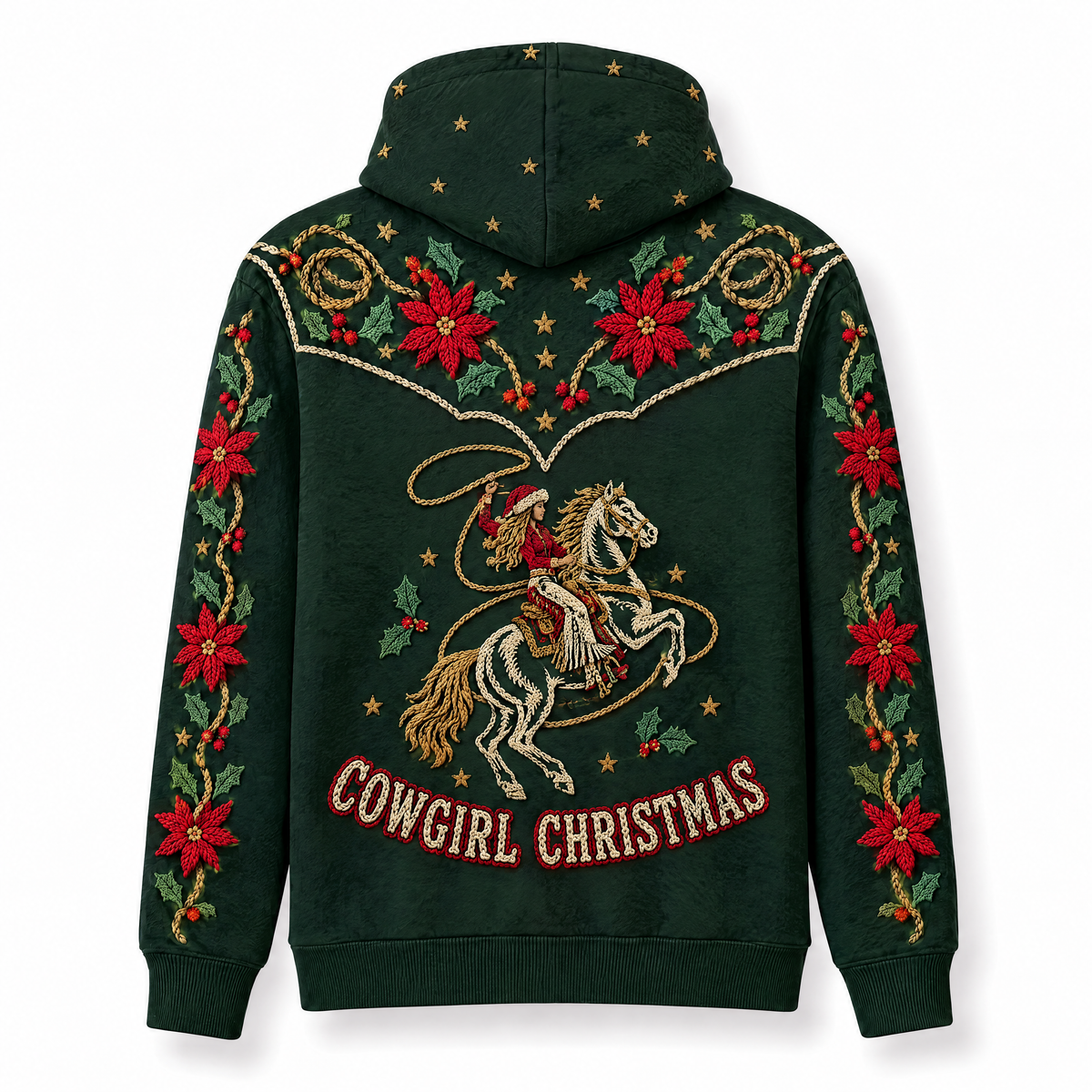 Cowgirl Christmas Hoodie – Western Poinsettia Yoke 3D Print, Gift for Cowgirls