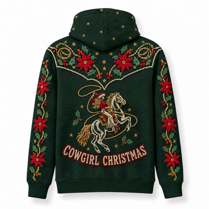 Cowgirl Christmas Hoodie – Western Poinsettia Yoke 3D Print, Gift for Cowgirls