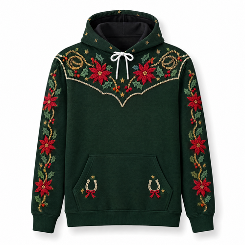 Cowgirl Christmas Hoodie – Western Poinsettia Yoke 3D Print, Gift for Cowgirls