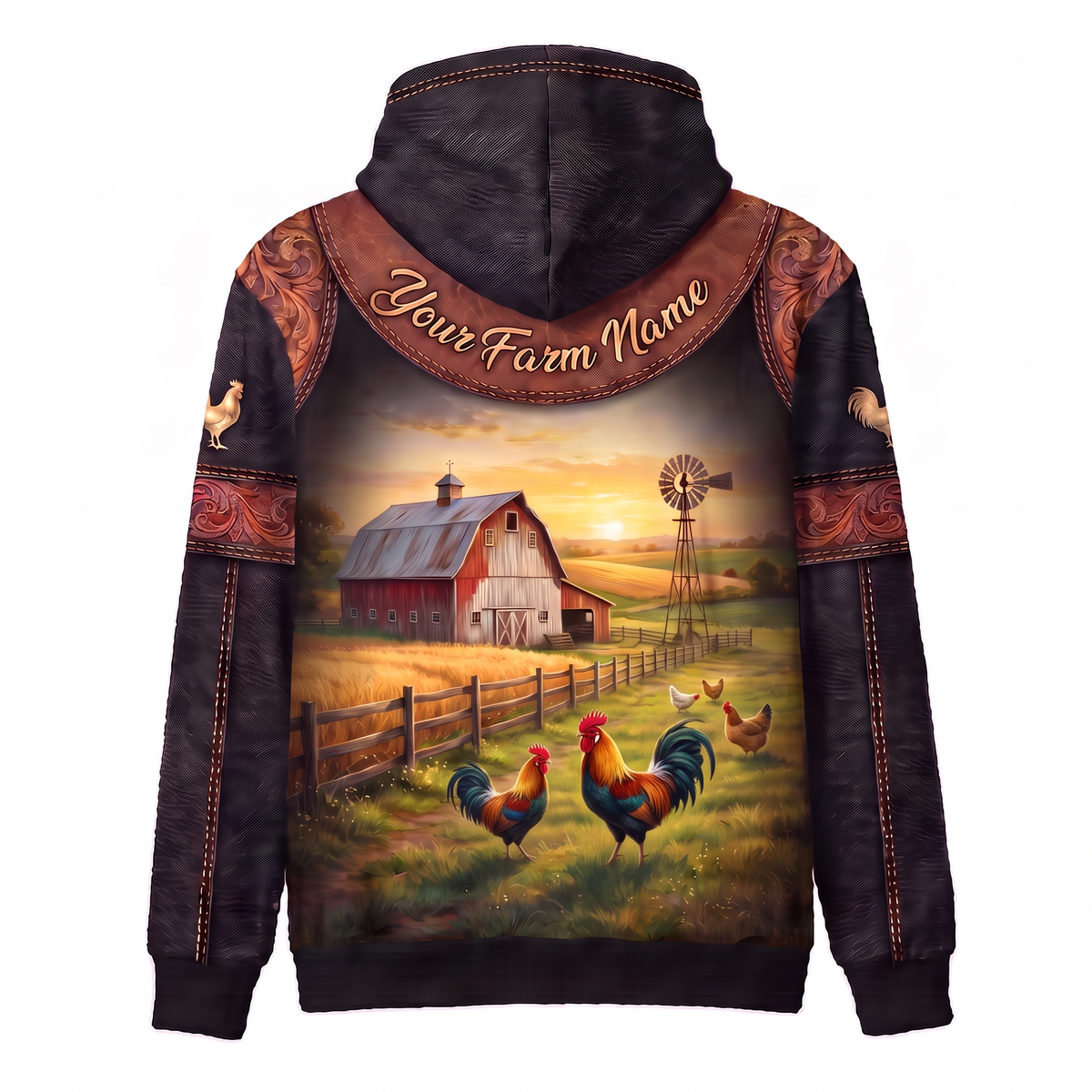 3D Print Rooster Ranch Hoodie (Faux Leather Design) - Custom Name & Farm Name Western Style Hoodie