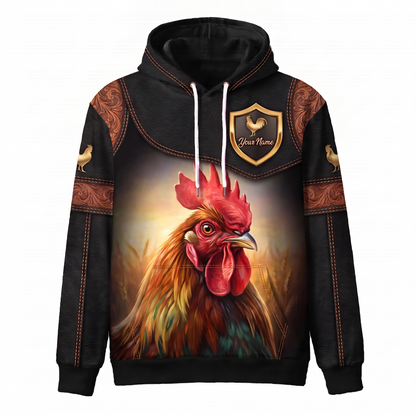 3D Print Rooster Ranch Hoodie (Faux Leather Design) - Custom Name & Farm Name Western Style Hoodie