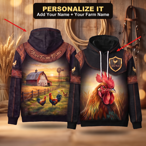 3D Print Rooster Ranch Hoodie (Faux Leather Design) - Custom Name & Farm Name Western Style Hoodie