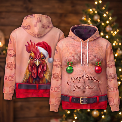 Funny Santa Rooster Hairy Belly Hoodie - Custom Name Farm Chicken Christmas Hoodie