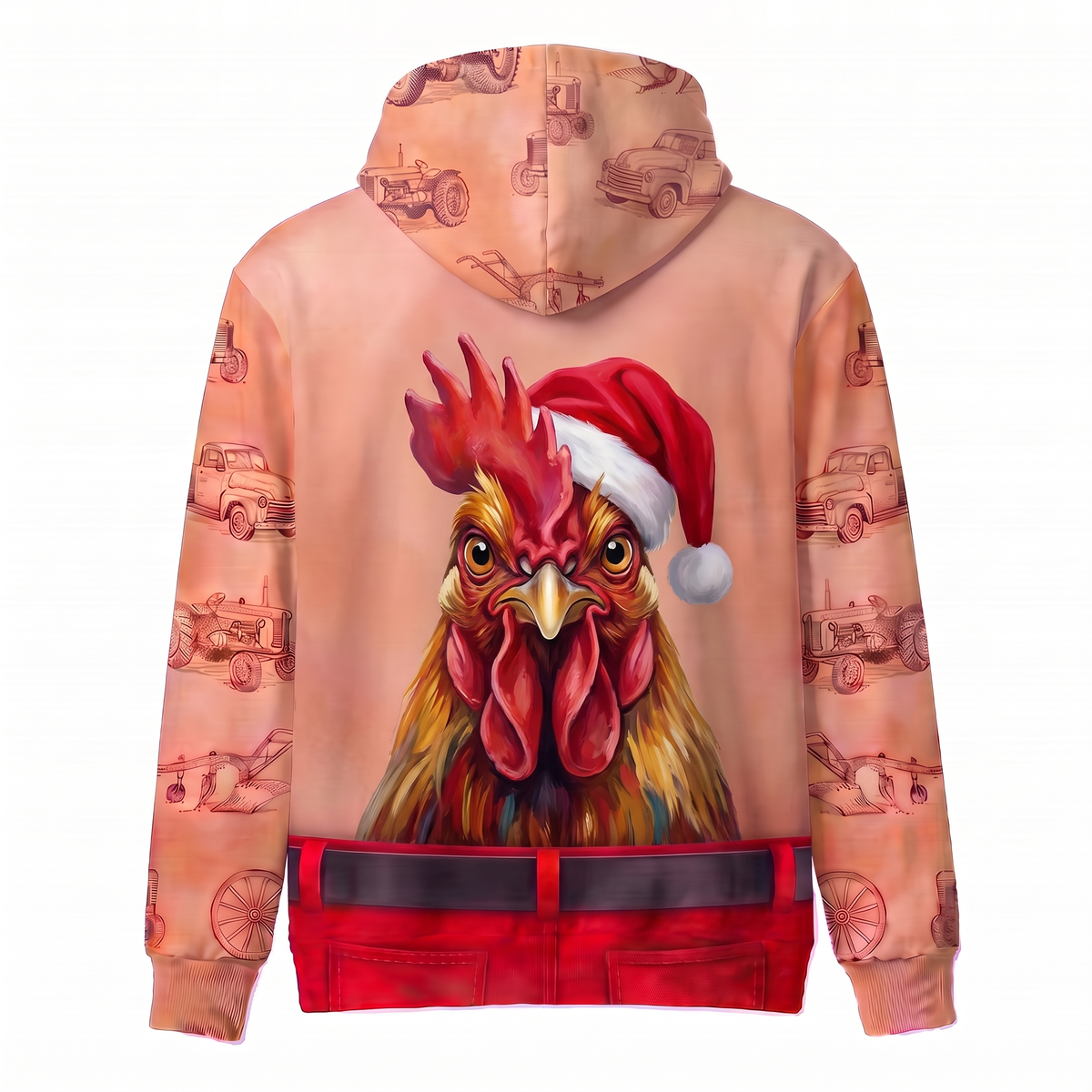 Funny Santa Rooster Hairy Belly Hoodie - Custom Name Farm Chicken Christmas Hoodie