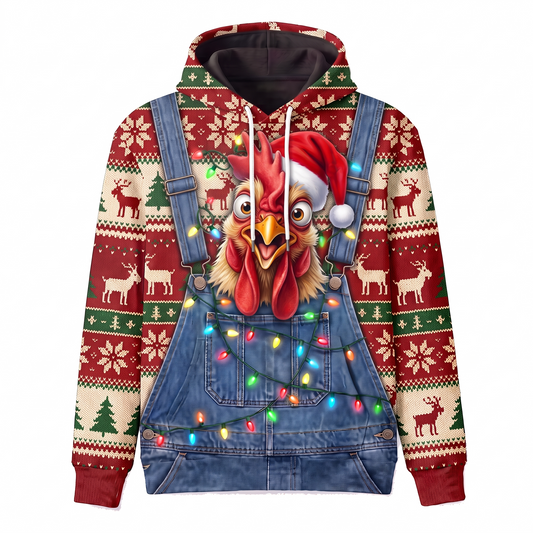 Funny Rooster Christmas Hoodie - Santa Rooster Overalls Ugly Christmas Sweater Style