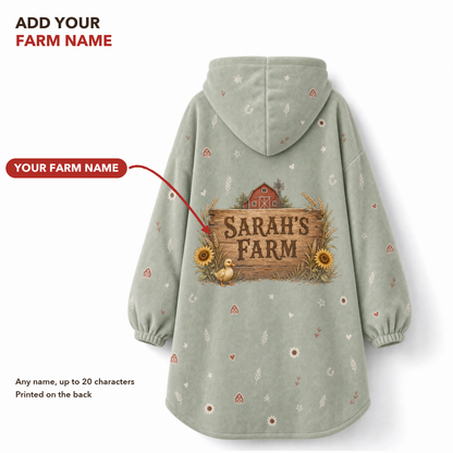 Personalized Farm Hoodie Blanket – Custom Cartoon From Your Photo, Farm Name On Back, Adult & Kids