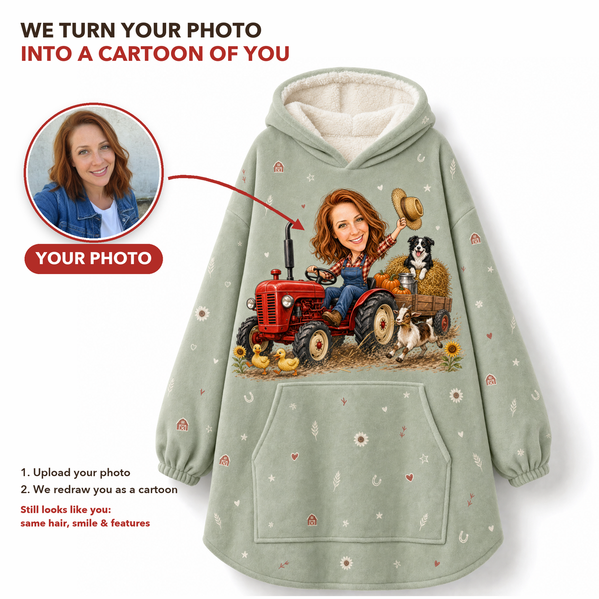 Personalized Farm Hoodie Blanket – Custom Cartoon From Your Photo, Farm Name On Back, Adult & Kids