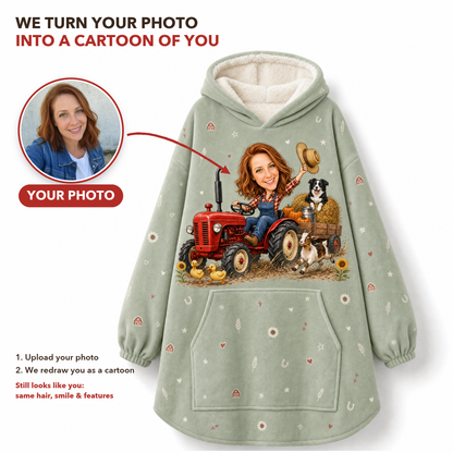 Personalized Farm Hoodie Blanket – Custom Cartoon From Your Photo, Farm Name On Back, Adult & Kids