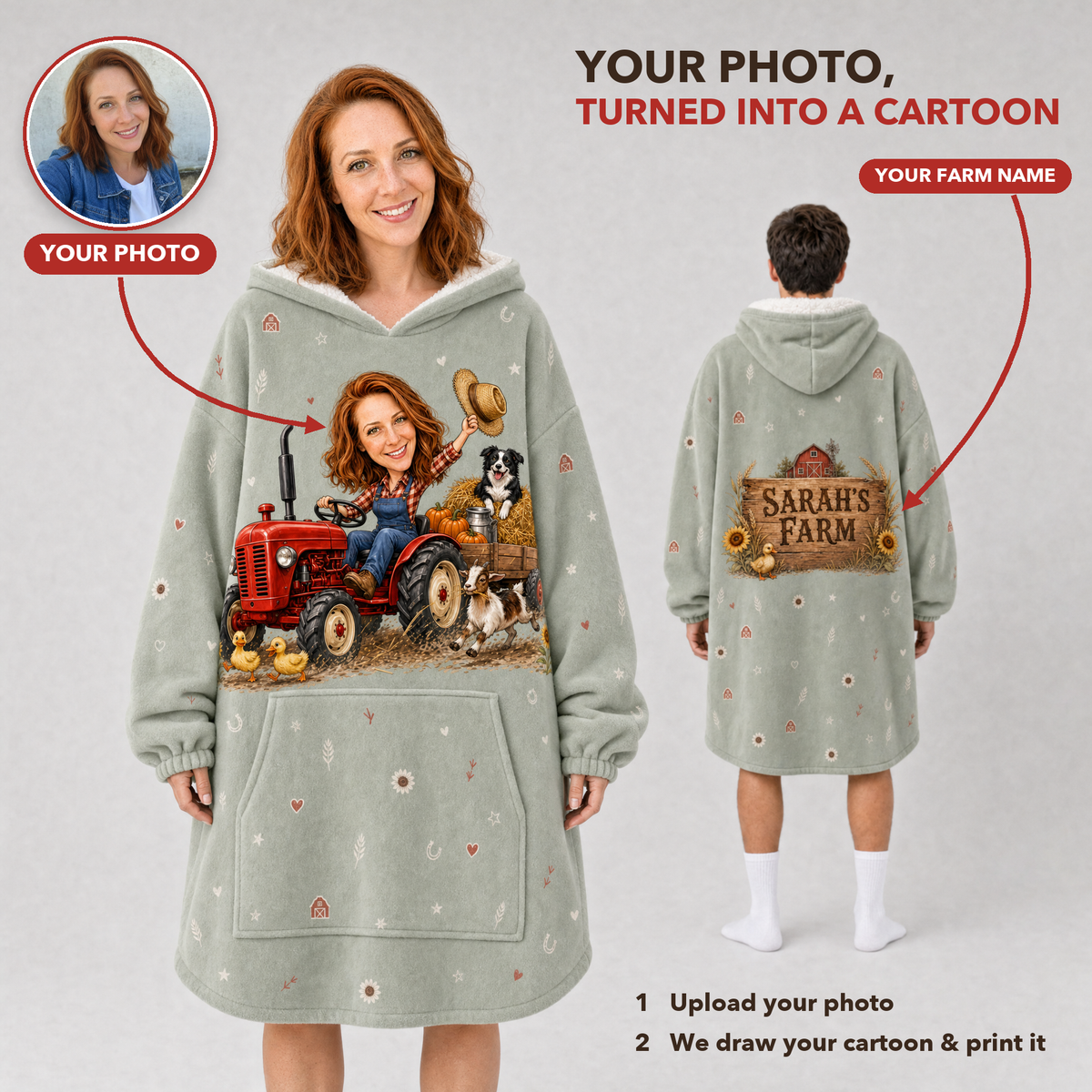 Personalized Farm Hoodie Blanket – Custom Cartoon From Your Photo, Farm Name On Back, Adult & Kids