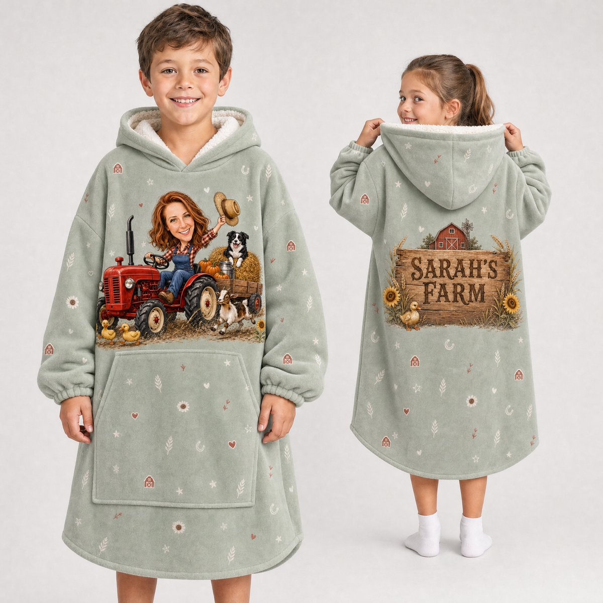 Personalized Farm Hoodie Blanket – Custom Cartoon From Your Photo, Farm Name On Back, Adult & Kids