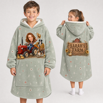 Personalized Farm Hoodie Blanket – Custom Cartoon From Your Photo, Farm Name On Back, Adult & Kids