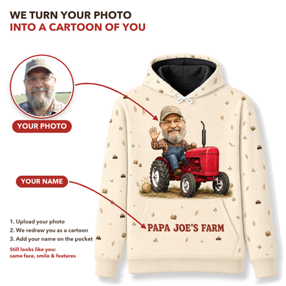 Personalized Dad & Grandpa Tractor Hoodie – Custom Cartoon From Your Photo, Farm Name, Choose Tractor Color
