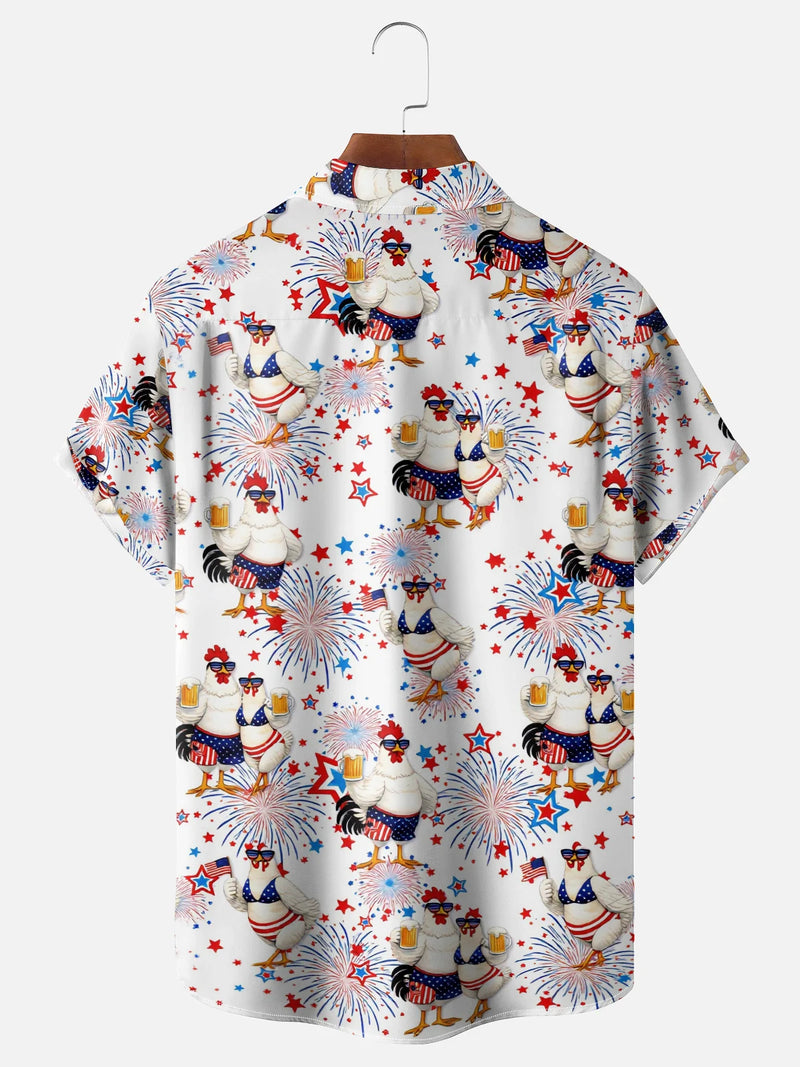 Funny Chicken Beer 4th of July Hawaiian Shirt for Men, Patriotic Rooster American Flag Print, BBQ Party Gift