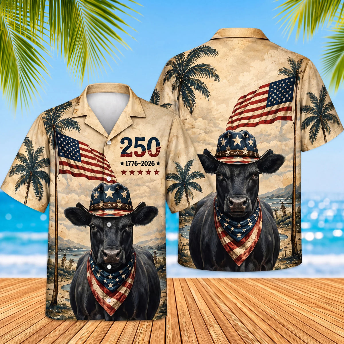 America 250 Hawaiian Shirt - Black Angus Cow 1776-2026 Patriotic 4th of July Gift for Men