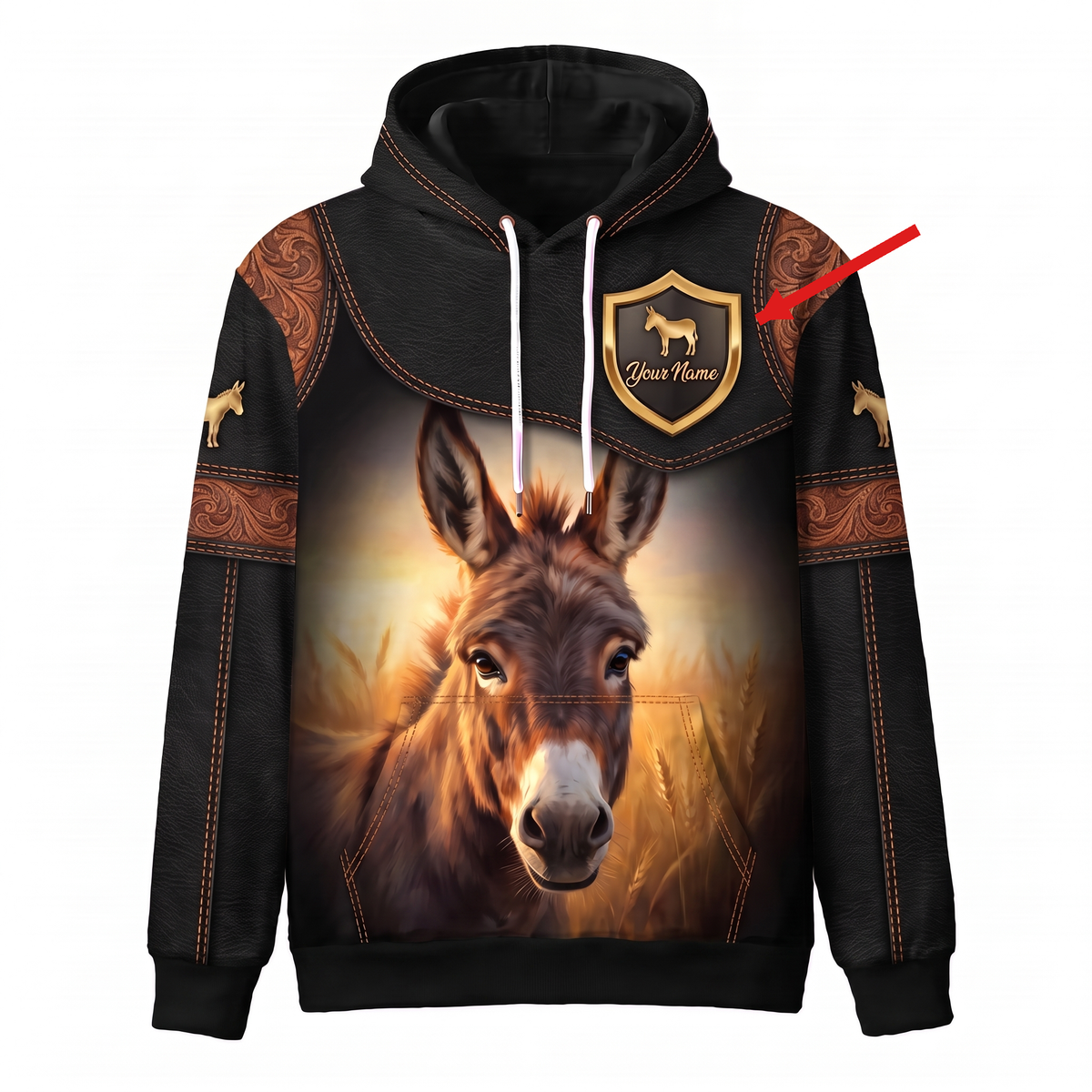 3D Print Donkey Ranch Hoodie (Faux Leather Design) - Custom Farm Name & Personalized Name Western Style Hoodie