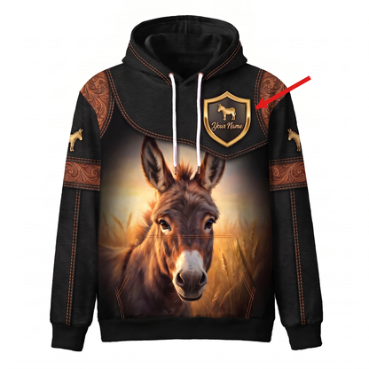 3D Print Donkey Ranch Hoodie (Faux Leather Design) - Custom Farm Name & Personalized Name Western Style Hoodie