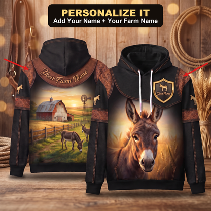 3D Print Donkey Ranch Hoodie (Faux Leather Design) - Custom Farm Name & Personalized Name Western Style Hoodie