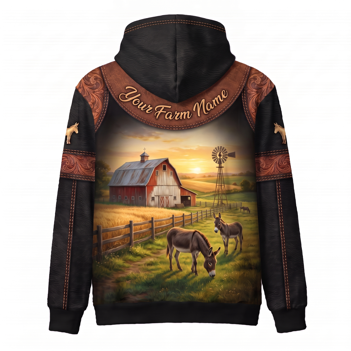 3D Print Donkey Ranch Hoodie (Faux Leather Design) - Custom Farm Name & Personalized Name Western Style Hoodie